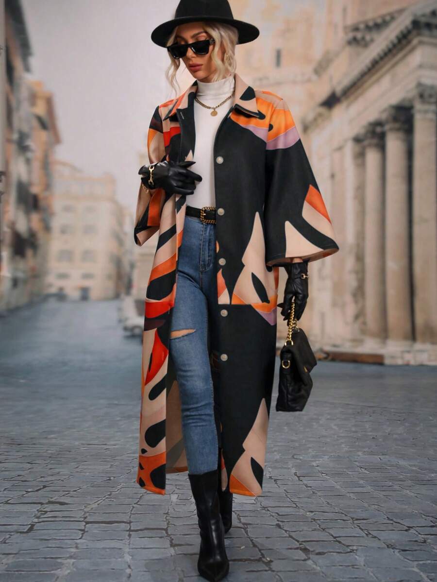 SHEIN Clasi Bản in nhiệt đới Vạt váy nút Áo khoác - màu đen - Xem 1