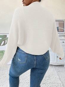 Calvaya 大码女式纯色针织休闲宽松舒适短款开衫，秋冬 - 白色 - 查看 2