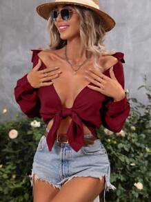 SHEIN LUNE Solid Drop Shoulder Button Front Shirt Fall Cloth For Women - Burgundy - View 5