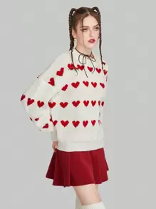 ROMWE Kawaii Heart Pattern Drop Shoulder Sweater,Long Sleeve Tops - Beige - View 7
