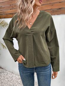 SHEIN Frenchy 素色落肩袖V領襯衫 - 軍綠色 - 查看 5