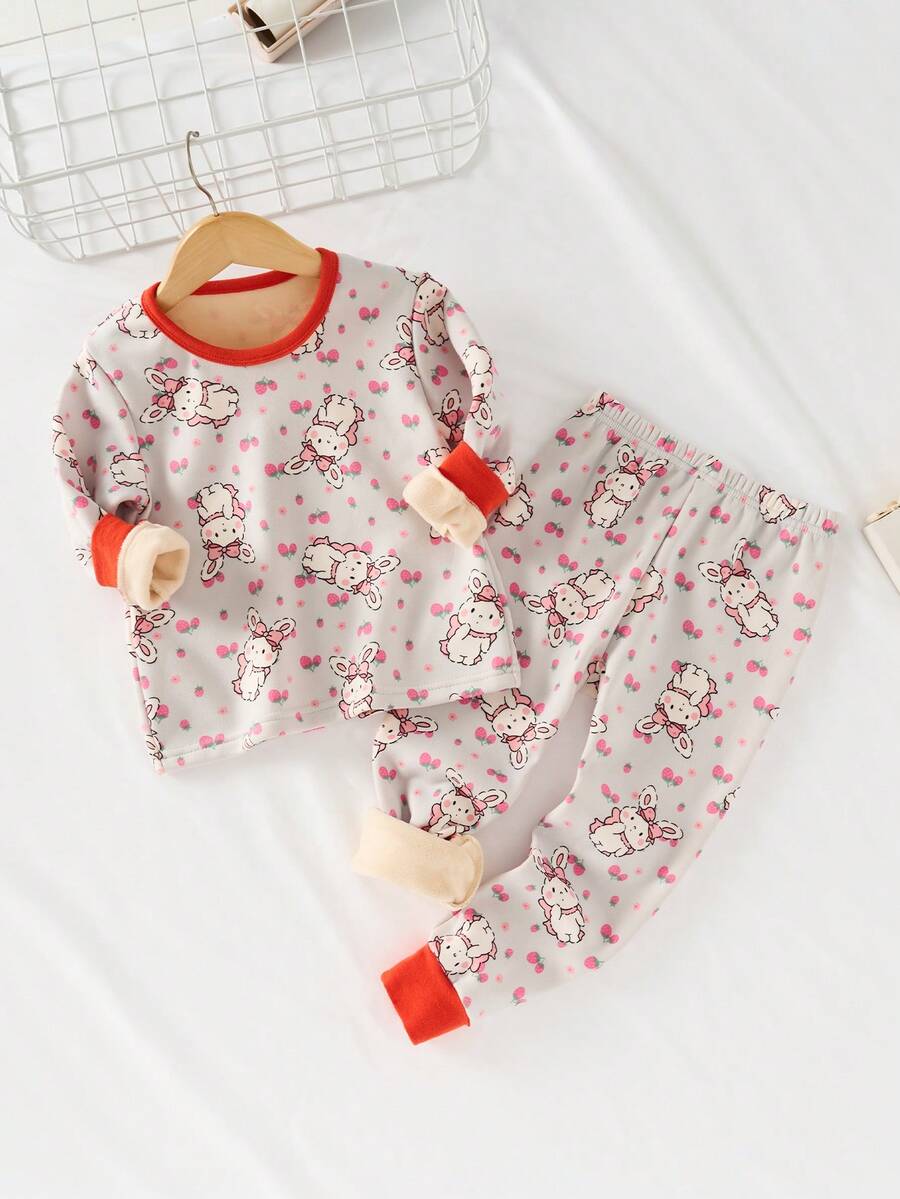 Cô Gái Trẻ Thỏ & In Dâu tây Tương phản ràng buộc Bộ PJ - Màu Xám nhạt - Xem 1