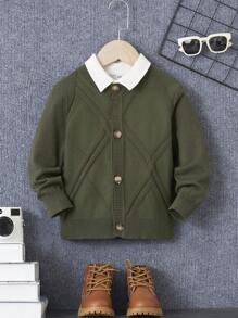 SHEIN 男童V領長袖開衫毛衣，大學風格