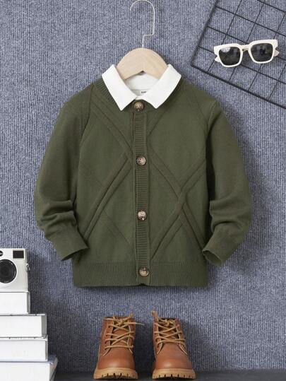 SHEIN 男童V領長袖開衫毛衣，大學風格