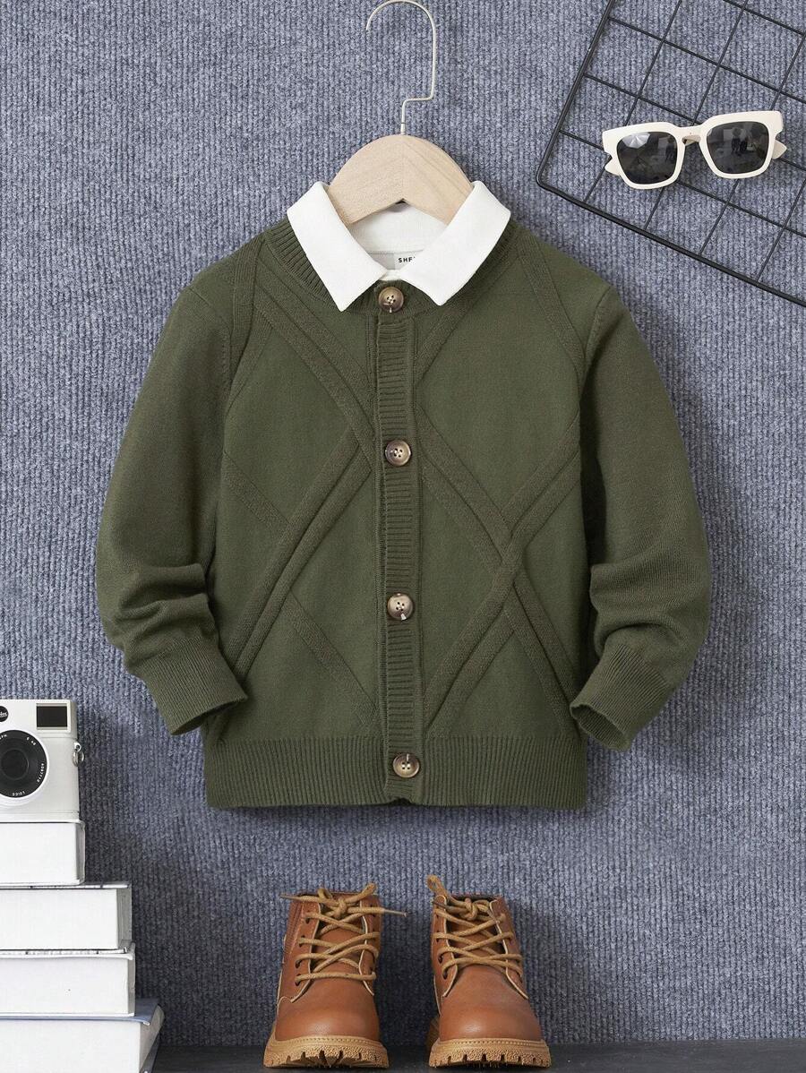 SHEIN 男童V領長袖開衫毛衣，大學風格