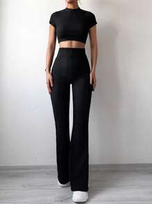EURMUSE Solid Crop Tee & Flare Leg Pants - Black - View 2
