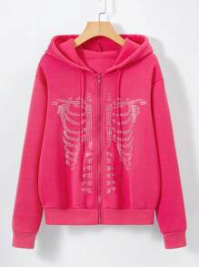 SHEIN Unity Plus Halloween Skeleton Rhinestone Zip Up Drawstring Thermal Lined Hoodie - Pink - View 1