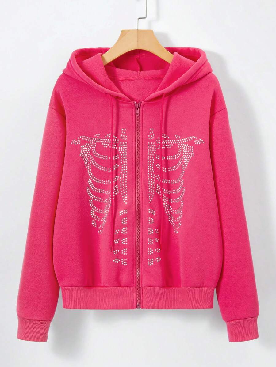 SHEIN Unity Plus Halloween Skeleton Rhinestone Zip Up Drawstring Thermal Lined Hoodie - Pink - View 1