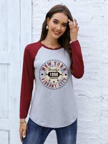 INAWLY Letter Graphic Raglan Sleeve Tee Graphic Tees Women Tops Fall Cloth For Women - Burgundy - View 4