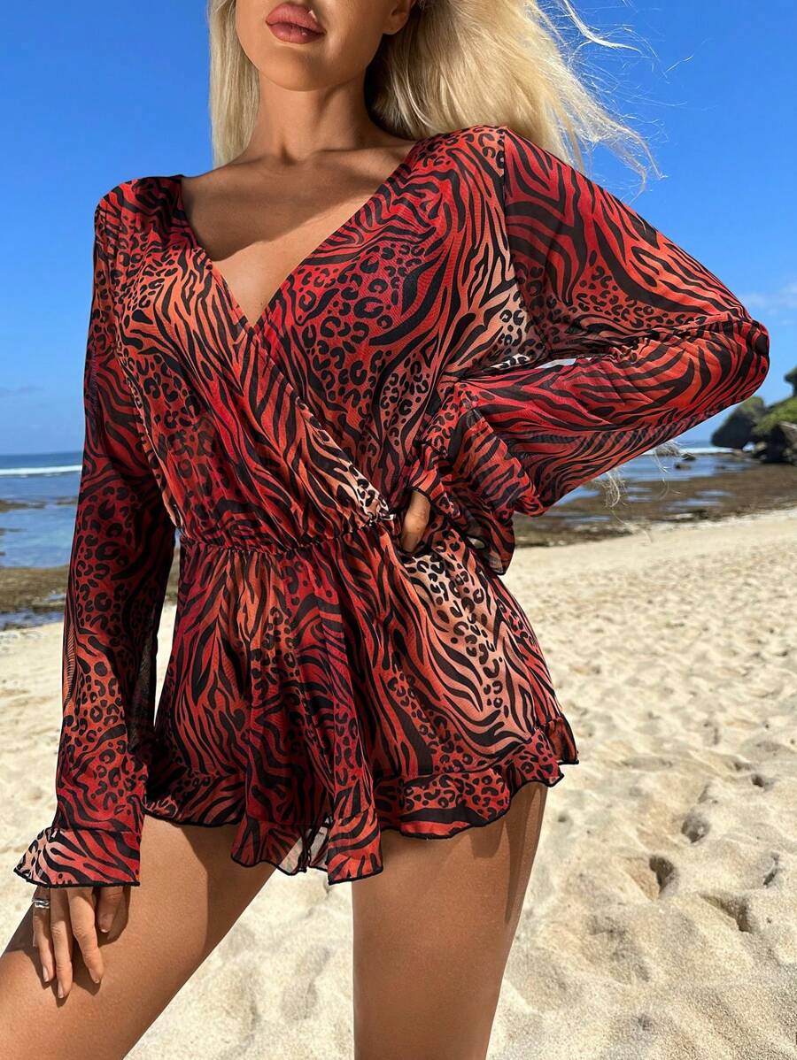 Swim Lushoire 斑馬條紋&豹紋印花交疊領罩衫連體短褲 - 彩色 - 查看 1