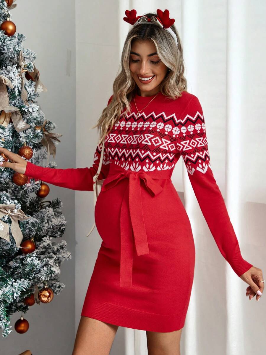 SHEIN Maternity Geo Pattern Belted Bodycon Sweater Dress With Long Sleeve, For Winter - Multicolor - View 1