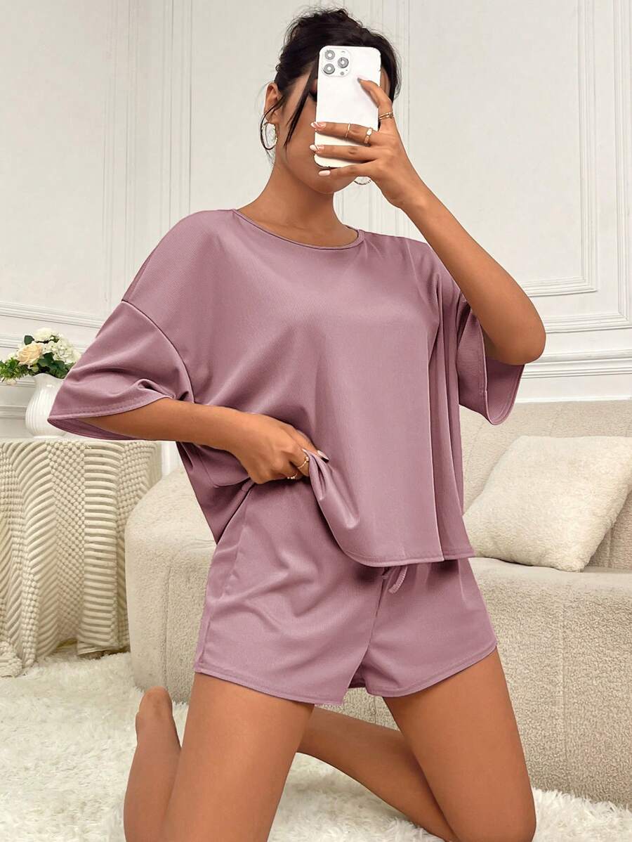 Áo thun Thả vai & Tie Trước Quần short Bộ giản dị - Bụi hồng - Xem 1