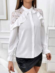 SHEIN Privé Contrast Lace Ruffle Trim Flare Sleeve Blouse - White - View 4