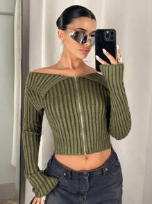 SHEIN ICON Y2K Grunge Off Shoulder Zip Up Crop Cardigan