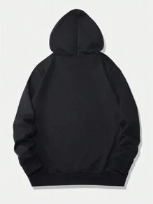 Men Slogan Graphic Kangaroo Pocket Drawstring Hoodie - Black - View 2