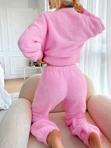 EURMUSE Thả vai Aó chui đầu Teddy & Quần - Hồng - Xem 2