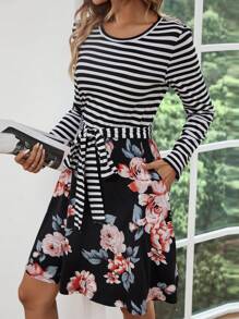 SHEIN LUNE Striped & Floral Print Belted Dress - Multicolor - View 5