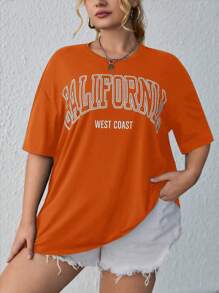 SHEIN EZwear Plus Letter Graphic Drop Shoulder Tee - Orange - View 3