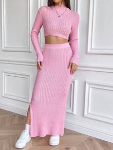 SHEIN Unity 1 套紧身性感纯色长袖上衣和高开叉裙毛衣两件套服装 - 粉色 - 查看 3