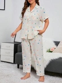 Miss Vinta Plus Heart Print Contrast Piping PJ Set / Pajama Set - Beige - View 4
