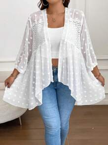 SHEIN Clasi Talla grande Abrigo de lunares con parte delantera abierta transparente de gasa - Blanco - Ver 4