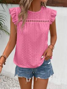 SHEIN Frenchy Lỗ gắn thêu Viền Ruffle Áo thun - Màu Hồng Tươi - Xem 4