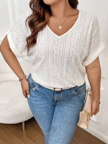 SHEIN Franclia Hơn Lỗ gắn thêu tay cánh Áo thun - Màu be - Xem 4