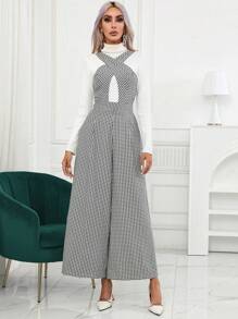 SHEIN Privé Gingham Print Wide Leg Jumpsuit Without Tee - Black and White - View 3