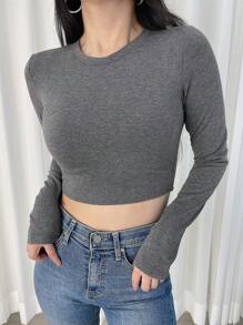 DAZY Solid Crop Tee,Fall Clothes Long Sleeve Women Tops