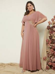 SHEIN Belle Plus 1pc Appliques Detail Butterfly Sleeve Chiffon Bridesmaid Dress - Dusty Pink - View 4