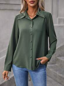 EMERY ROSE Solid Button Front Shirt,Ladies Casual Button Long Sleeve Shirt Collar Regular Fit Regular Green Regular Sleeve Shirt Women Blouses,Spring/Fall ,Professional/Business Attire/Workwear,Long Sleeve Tops - Army Green - View 6