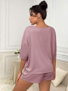 Áo thun Thả vai & Tie Trước Quần short Bộ giản dị - Bụi hồng - Xem 2