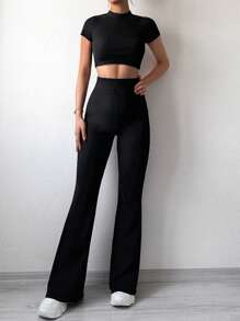 EURMUSE Solid Crop Tee & Flare Leg Pants - Black - View 1