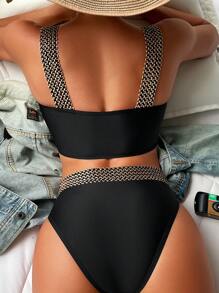 Swim Chiccia Summer Beach Ruched Contrast Tape Bikini Set - Black - View 4