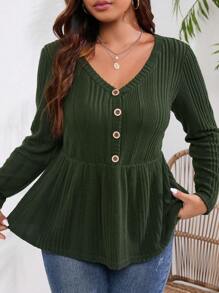 INAWLY Talla grande Camiseta con botón delantero peplum - Verde militar - Ver 3