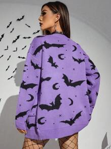 PUNK Halloween Bat Pattern Drop Shoulder Cardigan Fall Winter Cloth For Women - Purple - View 2