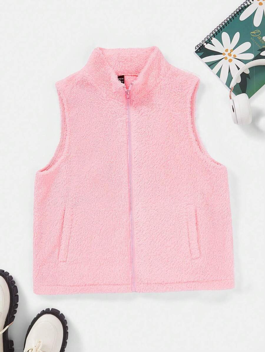 SHEIN EZwear 秋冬款拉链抽绳下摆泰迪背心外套（不含T恤） - 淺粉色 - 查看 1