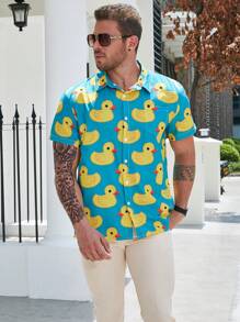 Manfinity RSRT 男士大码鴨子印花襯衫 - 黃色 - 查看 5