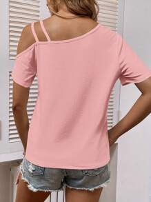 SHEIN LUNE Heart Print Asymmetrical Neck Tee - Pink - View 3