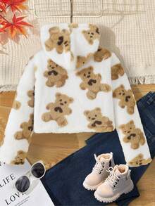 SHEIN Tween Girl Bear Pattern Hooded Teddy Jacket - White - View 2