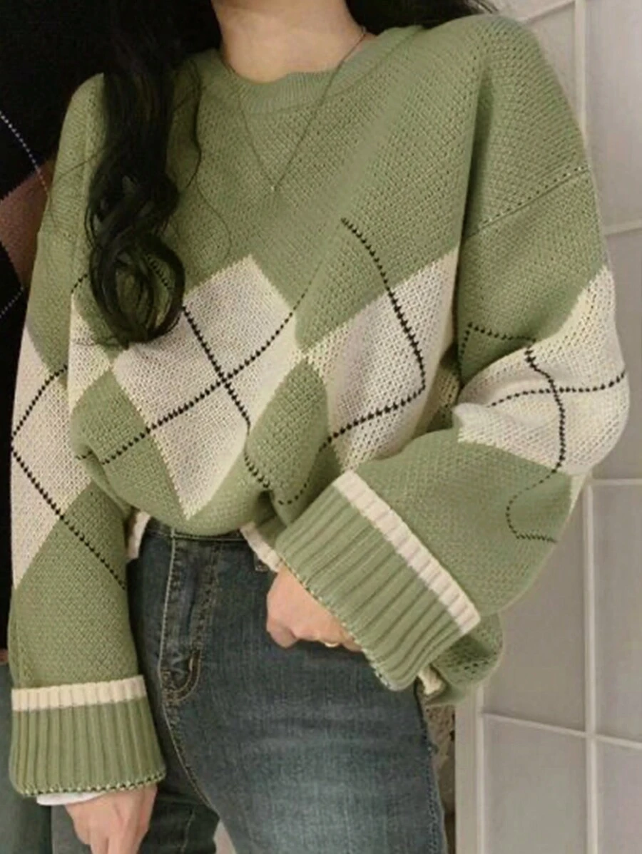 Argyle Plaid Drop Shoulder Sweater