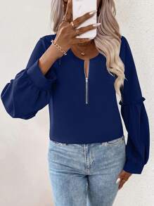 SHEIN LUNE 半拉鏈褶邊燈籠袖襯衫 - 藏蓝色 - 查看 5