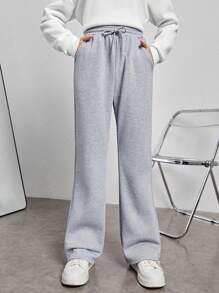SHEIN Teen Girl Drawstring Waist Slant Pocket Sweatpants - Light Grey - View 4