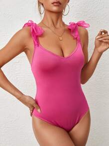 SHEIN Privé Tie Shoulder Cami Bodysuit - Hot Pink - View 1