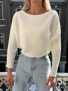 EURMUSE 女士休闲纯色蝙蝠袖毛衣，适合秋冬季穿着 - 白色 - 查看 3