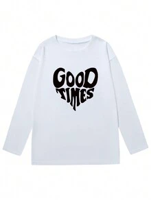 女士圆领印花休闲百搭可爱长袖T恤上衣，秋冬款 - 白色 - 查看 3