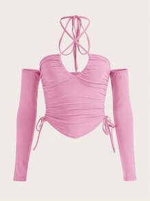 SHEIN ICON Camiseta unicolor con cordón lateral de cuello halter - Rosa Pálido - Ver 1