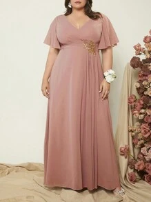 SHEIN Belle Plus 1pc Appliques Detail Butterfly Sleeve Chiffon Bridesmaid Dress - Dusty Pink - View 5