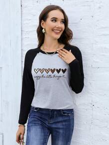 INAWLY 心形和标语图案插肩袖T恤 图案T恤 女式上衣 女式秋季服装 - 淺灰色 - 查看 5