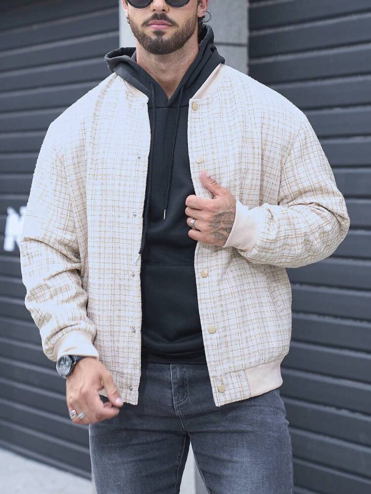 Men 1pc Plaid Print Button Front Oversize Bomber Jacket